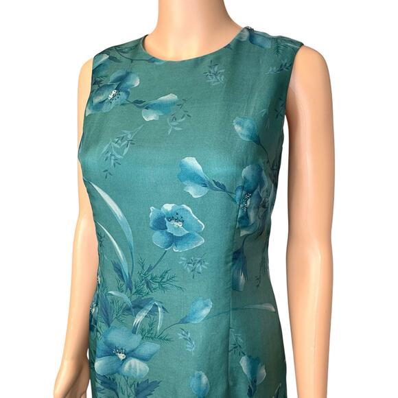 Vintage 90s Liz Claiborne 100% Silk Chiffon Dress Sz 6P Teal Floral Embellished - Picture 5 of 16